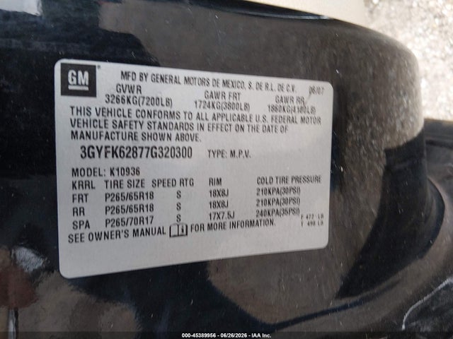 45389956 :رقم المزاد ، 3GYFK62877G320300 vin ، 2007 Cadillac Escalade Ext مزاد بيع