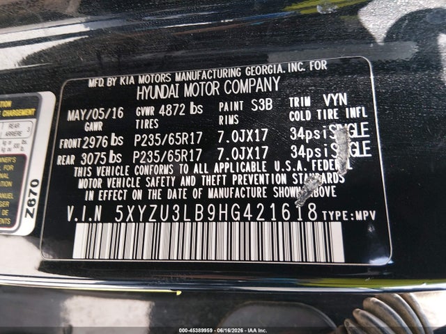 Продаж на аукціоні авто 2017 Hyundai Santa Fe Sport 2.4l, vin: 5XYZU3LB9HG421618, номер лоту: 45389959