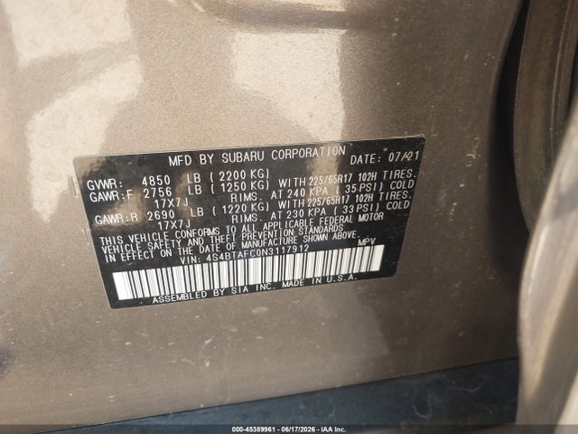 4S4BTAFC0N3117912 Subaru Outback Premium