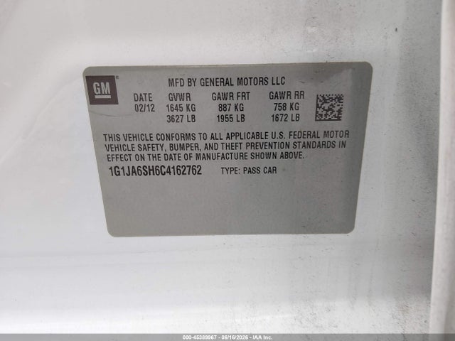 2012 Chevrolet Sonic 2ls მანქანა იყიდება აუქციონზე, vin: 1G1JA6SH6C4162762, აუქციონის ნომერი: 45389967