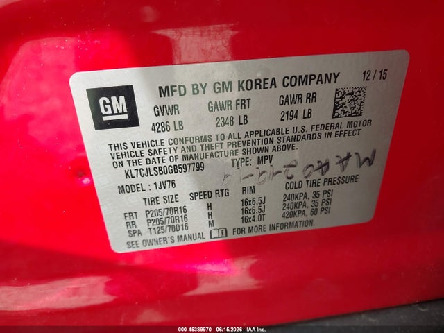 Продаж на аукціоні авто 2016 Chevrolet Trax Lt, vin: KL7CJLSB0GB597799, номер лоту: 45389970