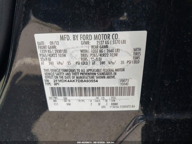 45389974 :رقم المزاد ، 2FMDK4AK7DBA93554 vin ، 2013 Ford Edge Sport مزاد بيع