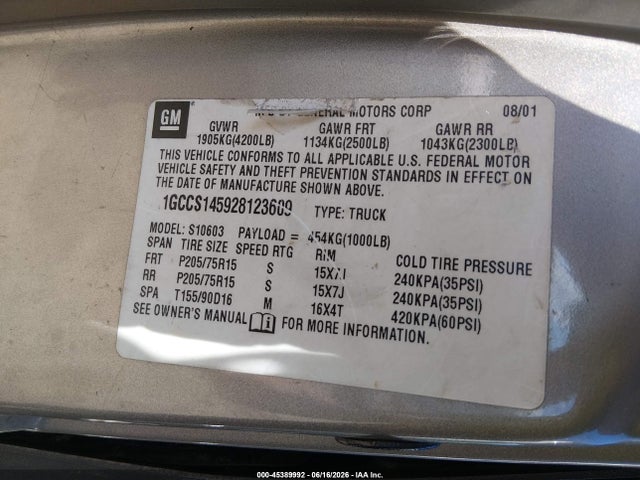 Продажа на аукционе авто 2002 Chevrolet S-10 Ls, vin: 1GCCS145928123609, номер лота: 45389992