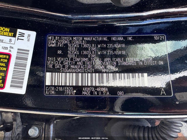 Auction sale of the 2021 Toyota Highlander Hybrid Xle, vin: 5TDGARAH0MS012401, lot number: 45390000