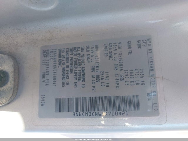 Aukcja sprzedaży 2014 Nissan Nv200 Sv, vin: 3N6CM0KN6EK700421, numer aukcji: 45390006