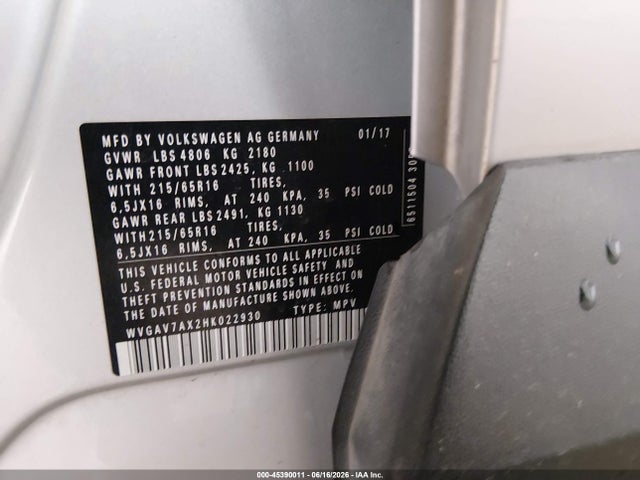 Aukcja sprzedaży 2017 Volkswagen Tiguan 2.0t/2.0t S, vin: WVGAV7AX2HK022930, numer aukcji: 45390011