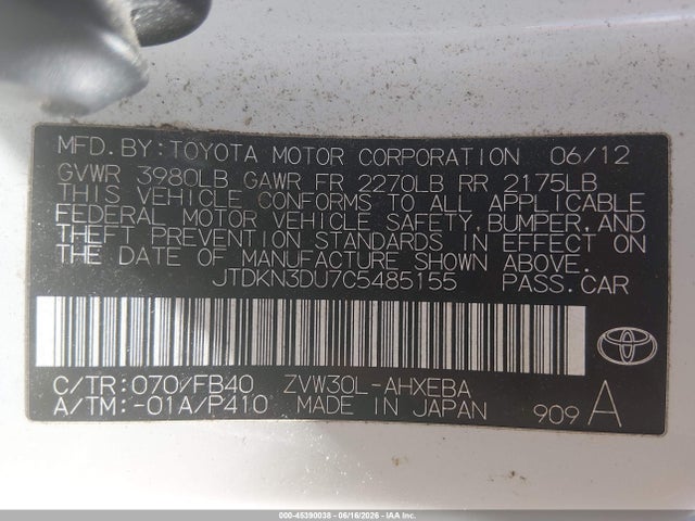 Aukcja sprzedaży 2012 Toyota Prius Three, vin: JTDKN3DU7C5485155, numer aukcji: 45390038