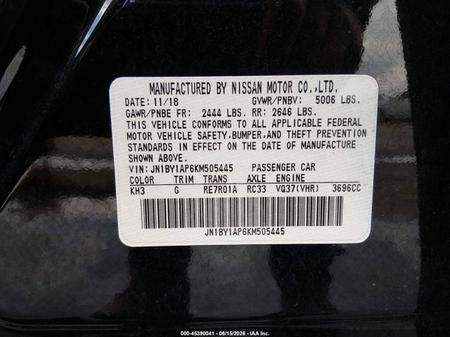Продаж на аукціоні авто 2019 Infiniti Q70 3.7 Luxe, vin: JN1BY1AP6KM505445, номер лоту: 45390041