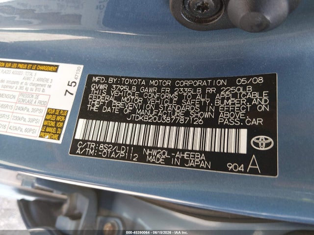 Aukcja sprzedaży 2008 Toyota Prius, vin: JTDKB20U387787126, numer aukcji: 45390064