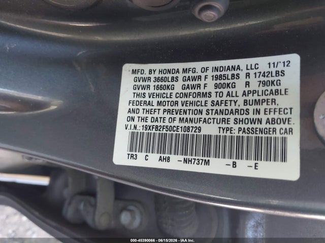 Aukcja sprzedaży 2012 Honda Civic Lx, vin: 19XFB2F50CE108729, numer aukcji: 45390066