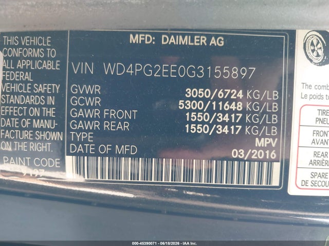 Продаж на аукціоні авто 2016 Mercedes-benz Metris, vin: WD4PG2EE0G3155897, номер лоту: 45390071