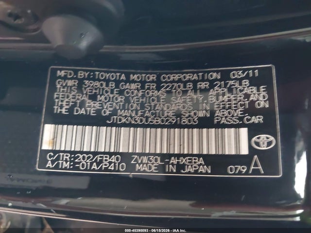 Aukcja sprzedaży 2011 Toyota Prius Two, vin: JTDKN3DU5B0291803, numer aukcji: 45390093
