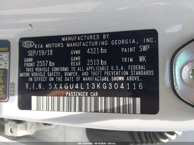 Aukcja sprzedaży 2019 Kia Optima Ex, vin: 5XXGU4L13KG304116, numer aukcji: 45390098
