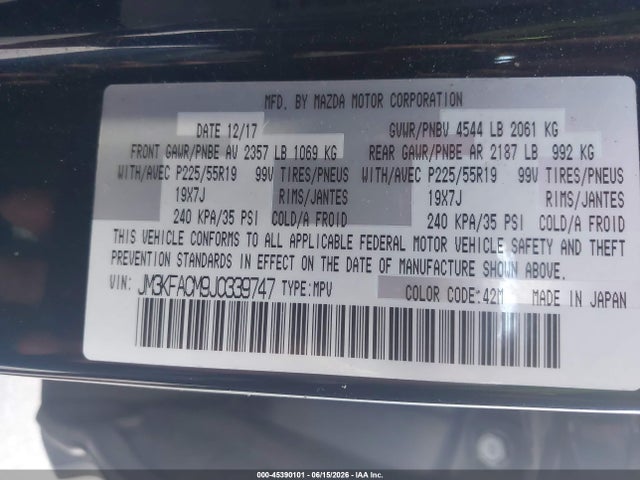 Aukcja sprzedaży 2018 Mazda Cx-5 Touring, vin: JM3KFACM9J0339747, numer aukcji: 45390101