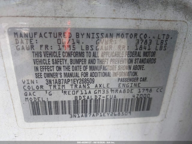 Aukcja sprzedaży 2014 Nissan Sentra Fe+ S/fe+ Sv/s/sl/sr/sv, vin: 3N1AB7AP1EY268509, numer aukcji: 45390127