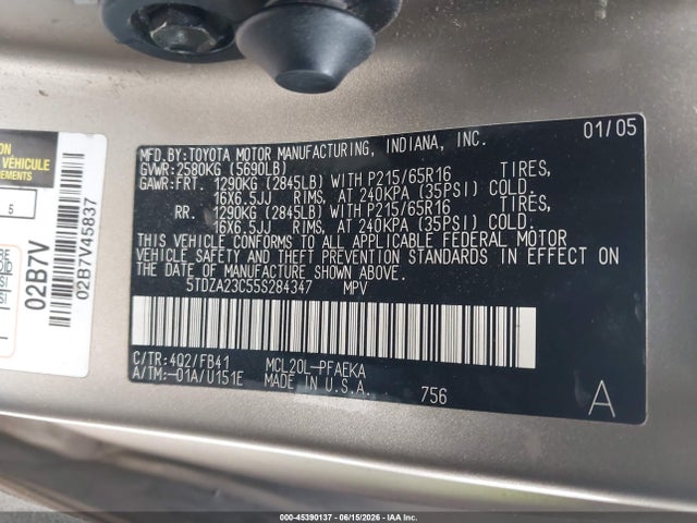 2005 Toyota Sienna Le მანქანა იყიდება აუქციონზე, vin: 5TDZA23C55S284347, აუქციონის ნომერი: 45390137
