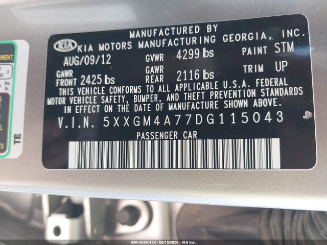 Aukcja sprzedaży 2013 Kia Optima Lx, vin: 5XXGM4A77DG115043, numer aukcji: 45390144