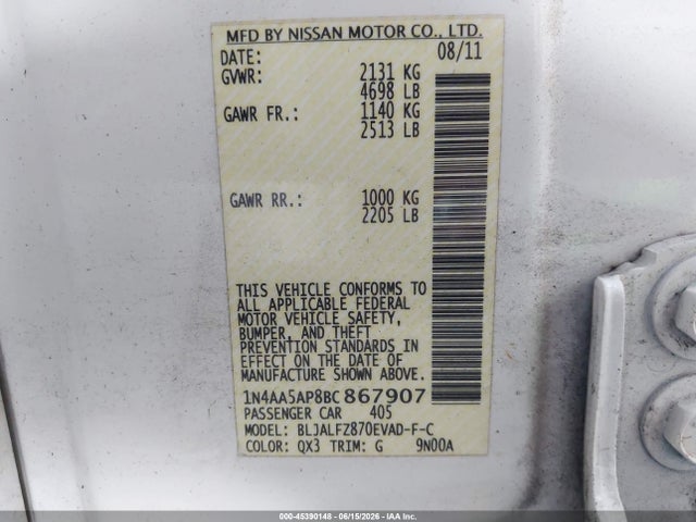 45390148 :رقم المزاد ، 1N4AA5AP8BC867907 vin ، 2011 Nissan Maxima 3.5 Sv مزاد بيع