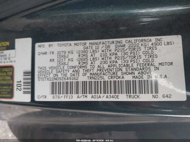 Aukcja sprzedaży 2009 Toyota Tacoma, vin: 5TETX22N09Z649162, numer aukcji: 45390149