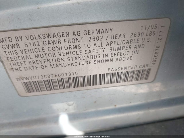 Aukcja sprzedaży 2007 Volkswagen Passat 3.6, vin: WVWVU73C97E001315, numer aukcji: 45390159