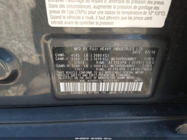 Aukcja sprzedaży 2011 Subaru Outback 2.5i Premium, vin: 4S4BRCGC1B3331151, numer aukcji: 45390167