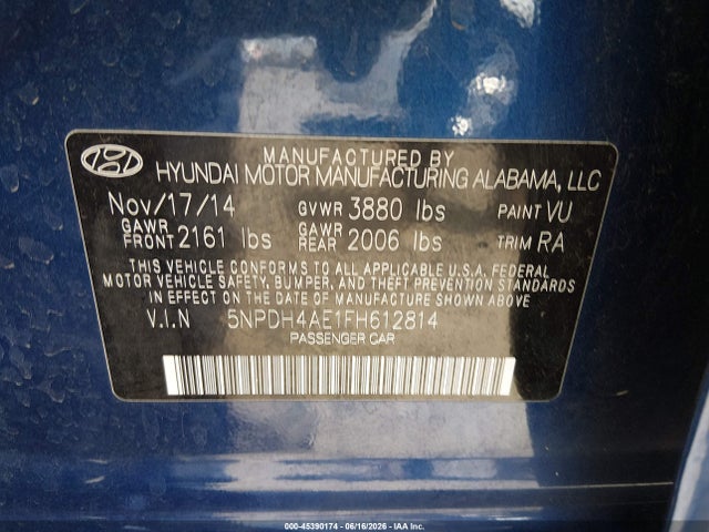 Hyundai ELANTRA SE 2015 5NPDH4AE1FH612814 Image 9