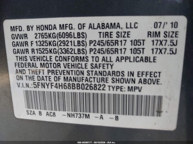 Aukcja sprzedaży 2011 Honda Pilot Ex-l, vin: 5FNYF4H68BB026822, numer aukcji: 45390177