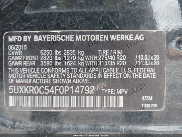2015 Bmw X5 Xdrive35i მანქანა იყიდება აუქციონზე, vin: 5UXKR0C54F0P14792, აუქციონის ნომერი: 45390188