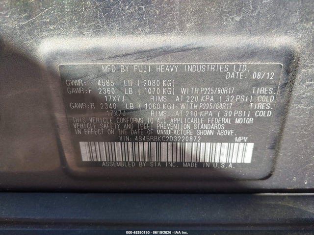 45390190 :رقم المزاد ، 4S4BRBKC2D3220872 vin ، 2013 Subaru Outback 2.5i Limited مزاد بيع