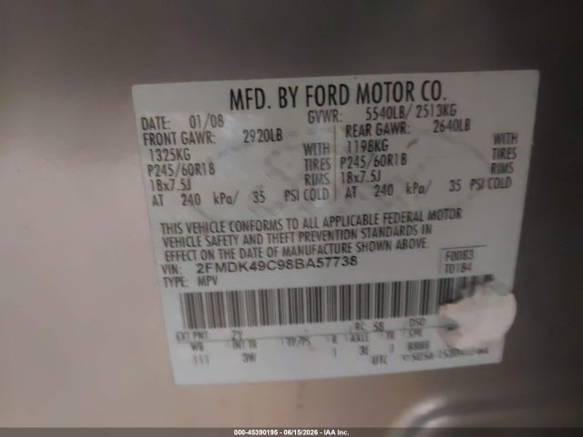 Aukcja sprzedaży 2008 Ford Edge Limited, vin: 2FMDK49C98BA57738, numer aukcji: 45390195