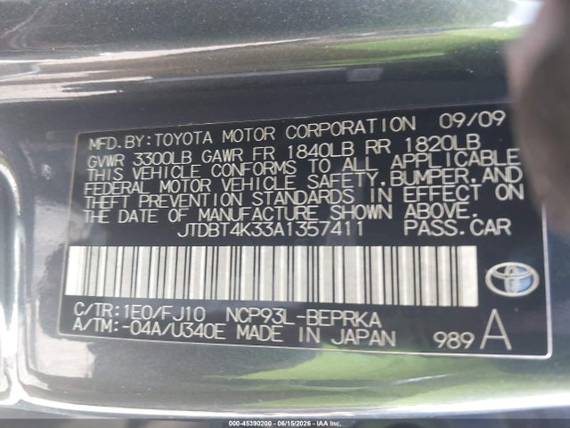 Aukcja sprzedaży 2010 Toyota Yaris, vin: JTDBT4K33A1357411, numer aukcji: 45390200