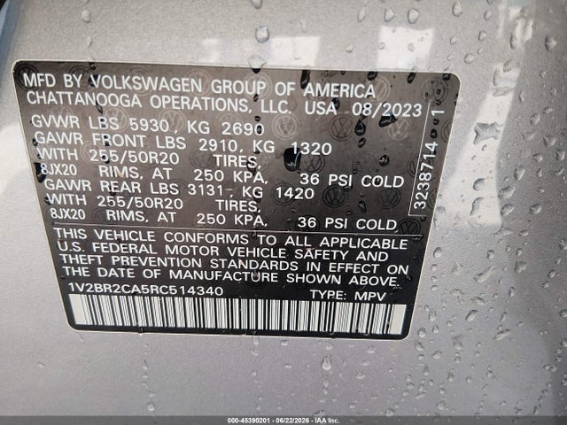 Aukcja sprzedaży 2024 Volkswagen Atlas 2.0t Sel, vin: 1V2BR2CA5RC514340, numer aukcji: 45390201