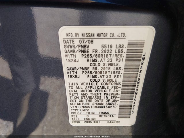 2009 Infiniti Fx35 მანქანა იყიდება აუქციონზე, vin: JNRAS18W39M154270, აუქციონის ნომერი: 45390203