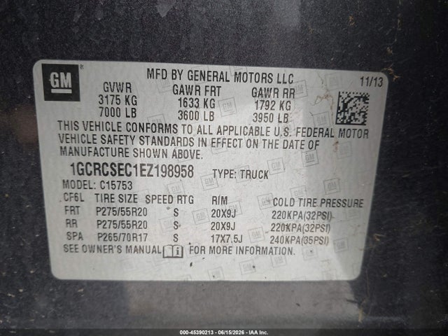 45390213 :رقم المزاد ، 1GCRCSEC1EZ198958 vin ، 2014 Chevrolet Silverado 1500 Ltz مزاد بيع