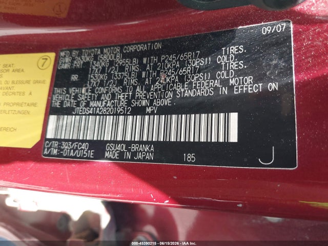 Aukcja sprzedaży 2008 Toyota Highlander, vin: JTEDS41A282019512, numer aukcji: 45390215