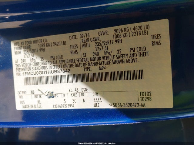45390226 :رقم المزاد ، 1FMCU0GD1HUB87842 vin ، 2017 Ford Escape Se مزاد بيع