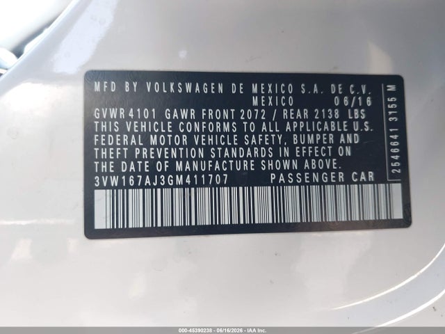 Продаж на аукціоні авто 2016 Volkswagen Jetta 1.4t S, vin: 3VW167AJ3GM411707, номер лоту: 45390238