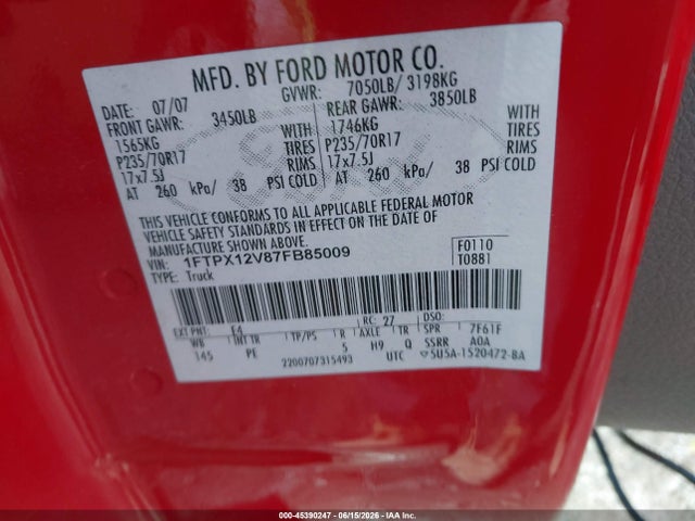 Продаж на аукціоні авто 2007 Ford F-150 Lariat/stx/xl/xlt, vin: 1FTPX12V87FB85009, номер лоту: 45390247