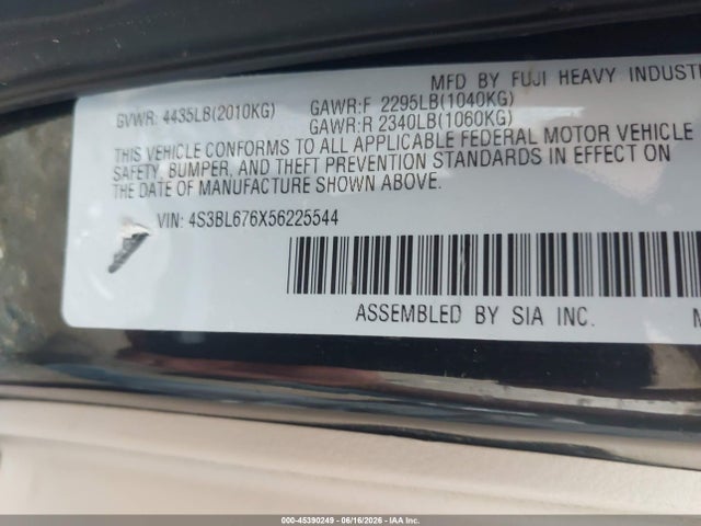 Aukcja sprzedaży 2005 Subaru Legacy 2.5gt Limited, vin: 4S3BL676X56225544, numer aukcji: 45390249