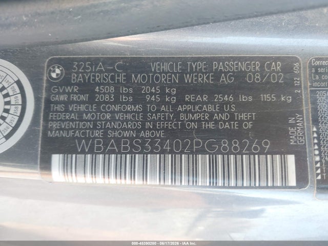 Aukcja sprzedaży 2002 Bmw 3 Series 325ci, vin: WBABS33402PG88269, numer aukcji: 45390280