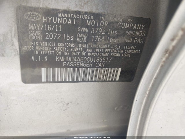 45390282 :رقم المزاد ، KMHDH4AE0CU183517 vin ، 2012 Hyundai Elantra Gls (ulsan Plant) مزاد بيع