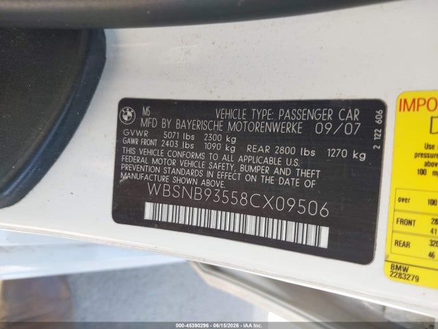 Aukcja sprzedaży 2008 Bmw M5, vin: WBSNB93558CX09506, numer aukcji: 45390296
