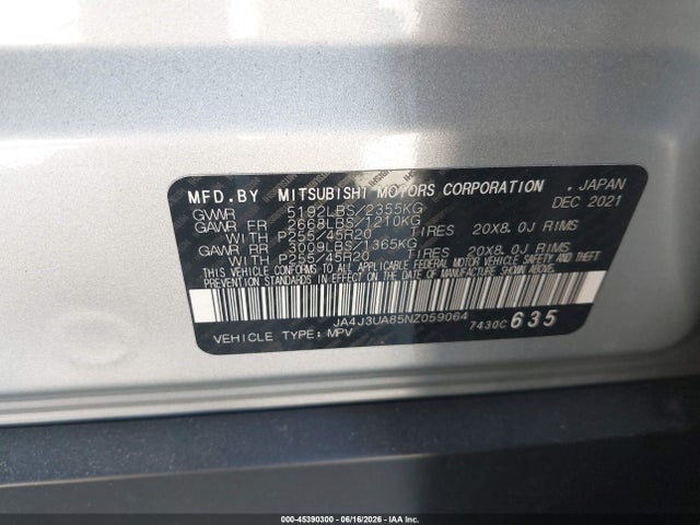 2022 Mitsubishi Outlander მანქანა იყიდება აუქციონზე, vin: JA4J3UA85NZ059064, აუქციონის ნომერი: 45390300