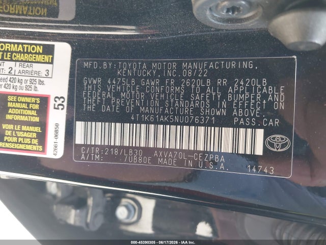2022 Toyota Camry Xse მანქანა იყიდება აუქციონზე, vin: 4T1K61AK5NU076371, აუქციონის ნომერი: 45390305