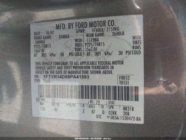Продажа на аукционе авто 2008 Ford Ranger Xl/xlt, vin: 1FTYR14D58PA41593, номер лота: 45390306