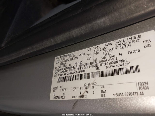 45390315 :رقم المزاد ، 1FBAX2CM8GKA25984 vin ، 2016 Ford Transit-350 Xlt مزاد بيع