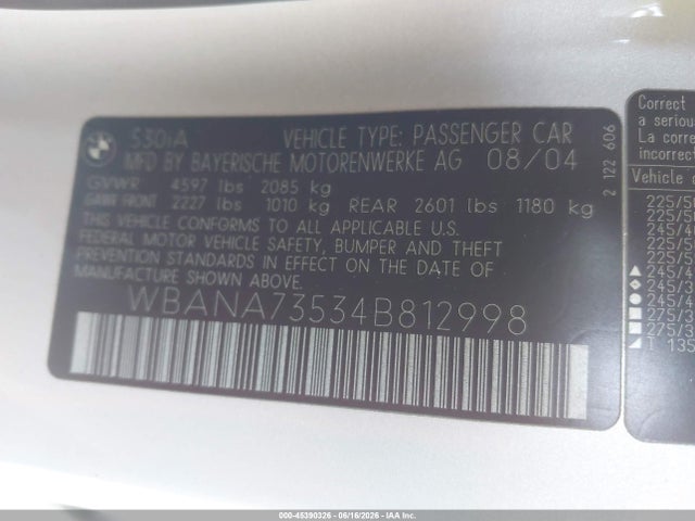 45390326 :رقم المزاد ، WBANA73534B812998 vin ، 2004 Bmw 530i مزاد بيع