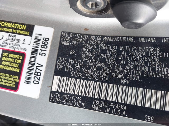Aukcja sprzedaży 2008 Toyota Sienna Le, vin: 5TDZK23C28S213141, numer aukcji: 45390334
