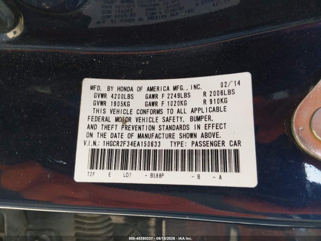 Продажа на аукционе авто 2014 Honda Accord Lx, vin: 1HGCR2F34EA150633, номер лота: 45390337