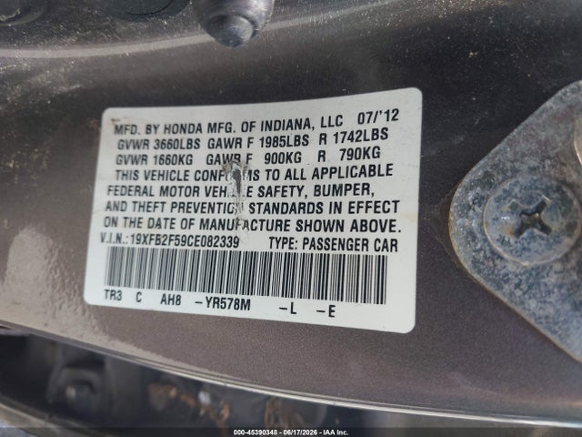 2012 Honda Civic Lx მანქანა იყიდება აუქციონზე, vin: 19XFB2F59CE082339, აუქციონის ნომერი: 45390348